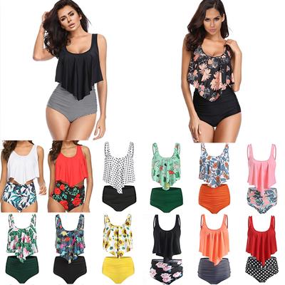 Çiçek Baskılı Tankini Set Kadın Yüksek Bel Ruffles Mayo Yaz Mayo