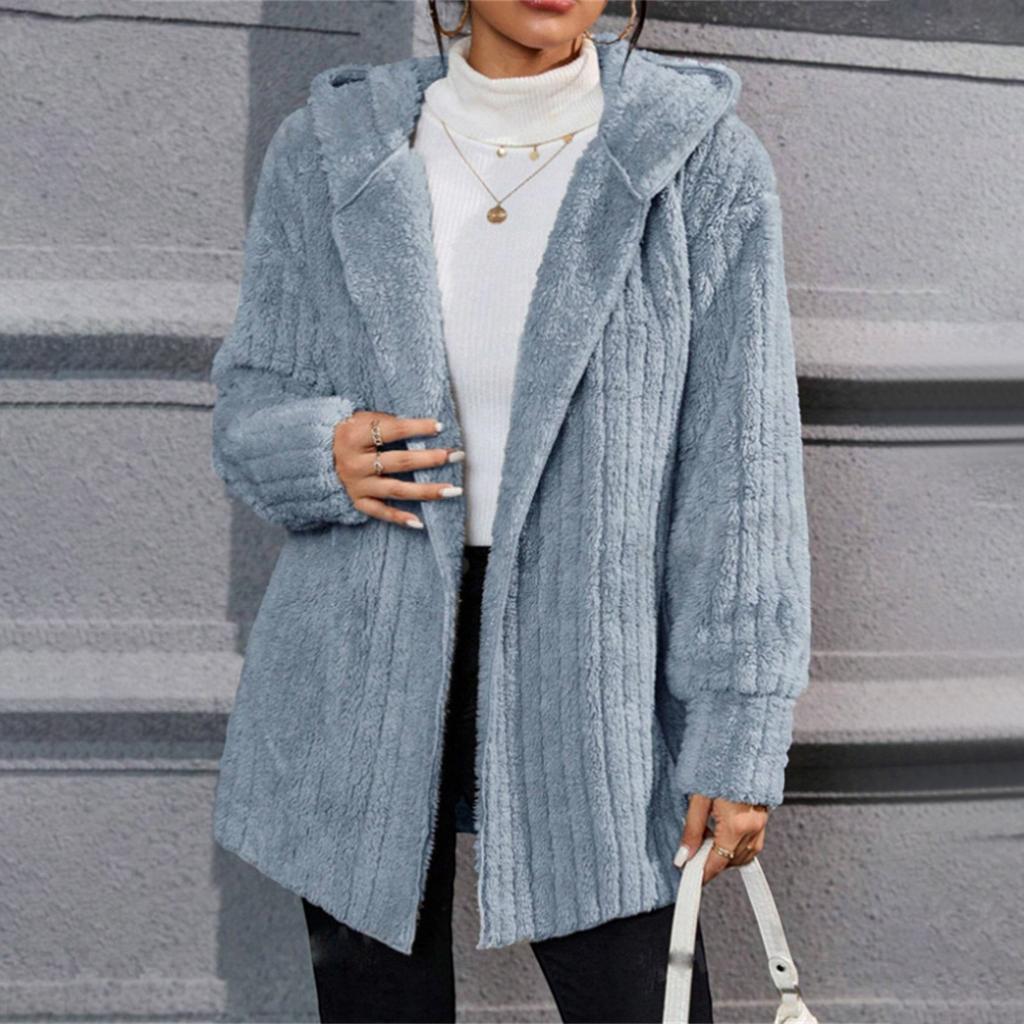 Damenmode Lässig Warm Vertikal Gestreift Doppelseitiges Fleece Kapuzen-Cardigan Jacke