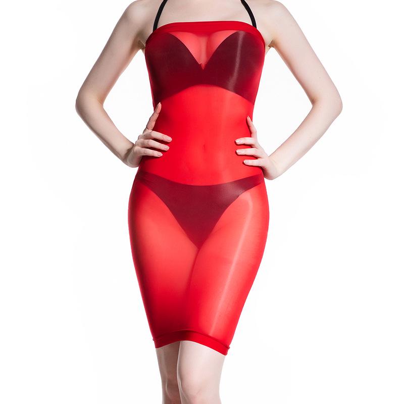 Qinghe 912 8D Sheer Oily Stockings with Tube Top Dress, Tight Mini Skirt Cheongsam, and Ultra-thin Transparent Design