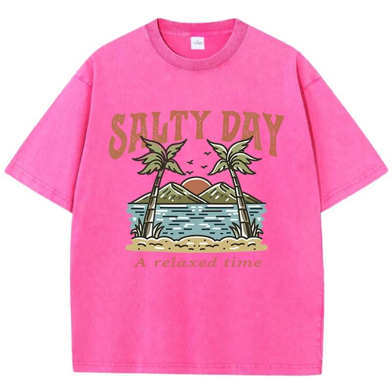 Coconut Tree Beach Printed Washed T-Shirts Cotton Tops Comfortable Distressed O-Neck T Shirts Summer Casual Man Clothes