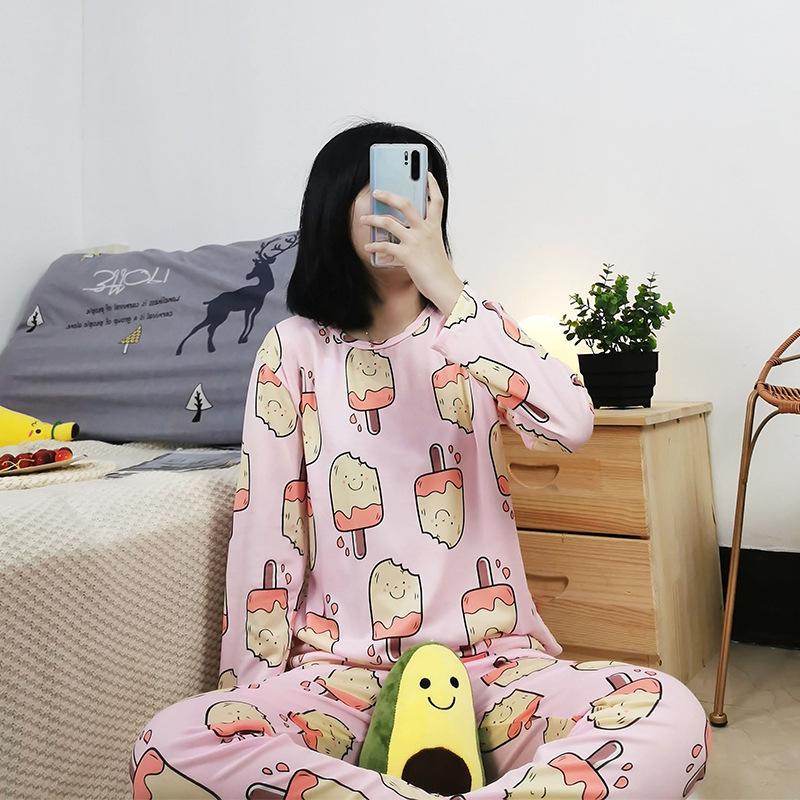 Women's Korean Style Pajama Set: Long Sleeve, Round Neck, Cute Cartoon Print, Comfortable for Spring & Autumn