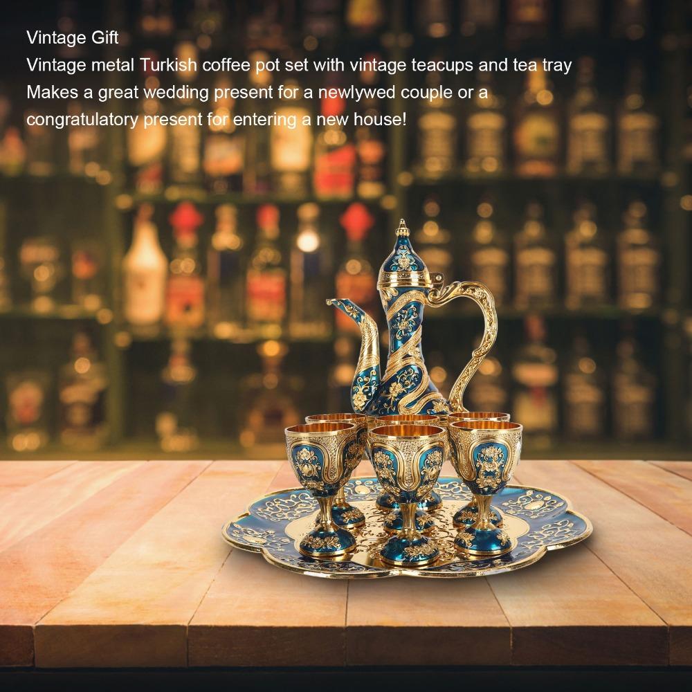 8pcs Gold Blue Vintage Tea Set Zinc Alloy Coffee Pot Cup Set Tea Pot Cup Set  For Home Decor