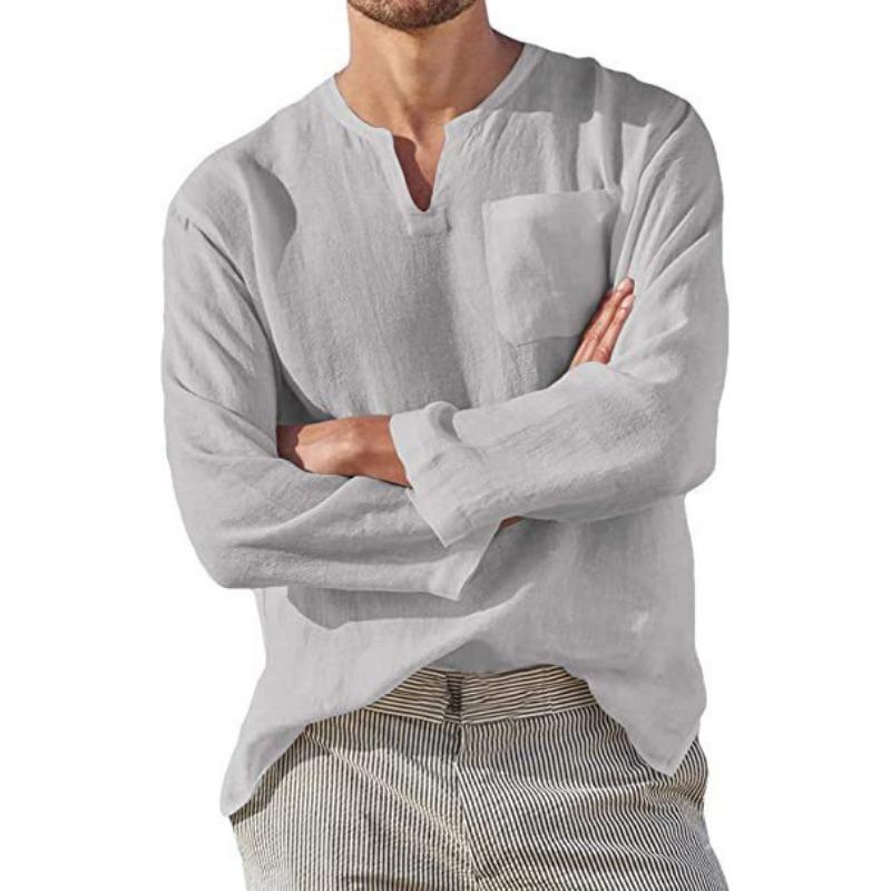 Amazon wish independent station Spring men's long-sleeved V-neck casual beach linen loose shirt men