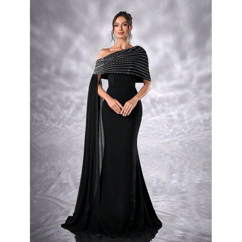 

European and American New Style Off-Shoulder Design Dress with Rhinestones, Elegant Party Birthday Evening Gown, Foreign Trade Long Dress Black L