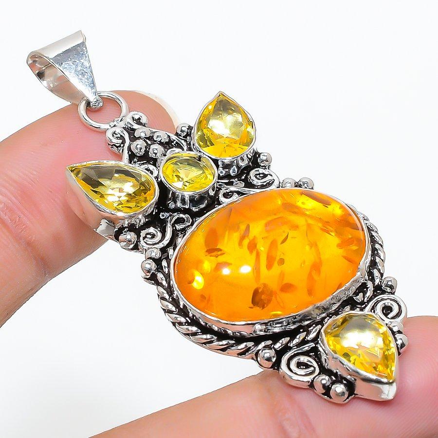 

Этническая ювелирная подвеска ручной работы с балтийским янтарем и цитрином, 2,44 дюйма SR-10850