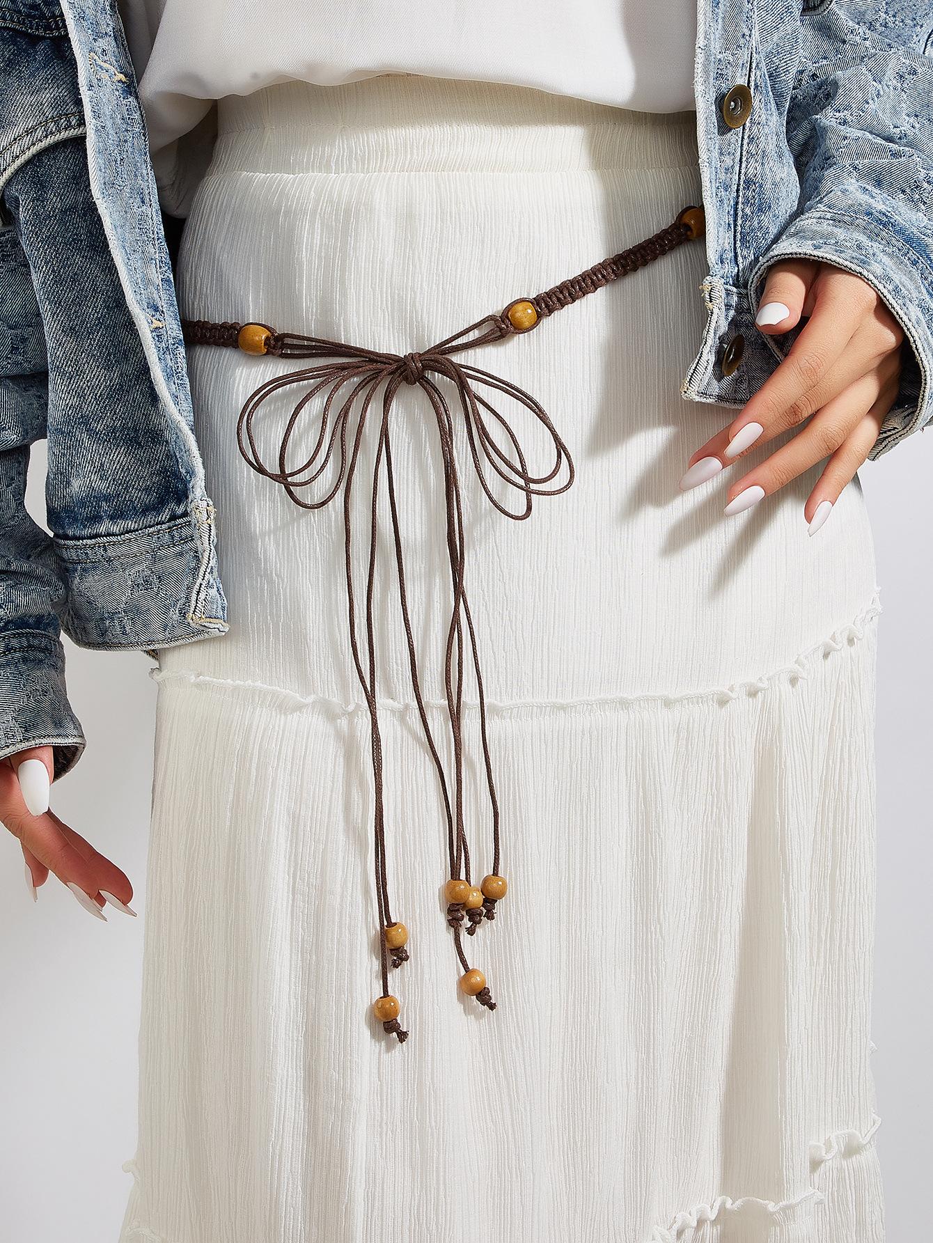 

Вдохновленный Хлопок Этнический Женский Пояс Деревянная Бусина Подвеска Модный Веревочный Пояс коричневый