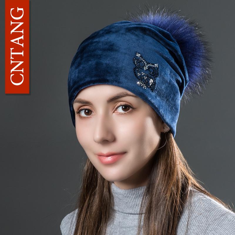 CNANG 2024 Owl Rhinestones Hats For Women Winter Warm Plus Velvet Fashion Caps With Natural Fur Pompoms Female Skullies Beanies