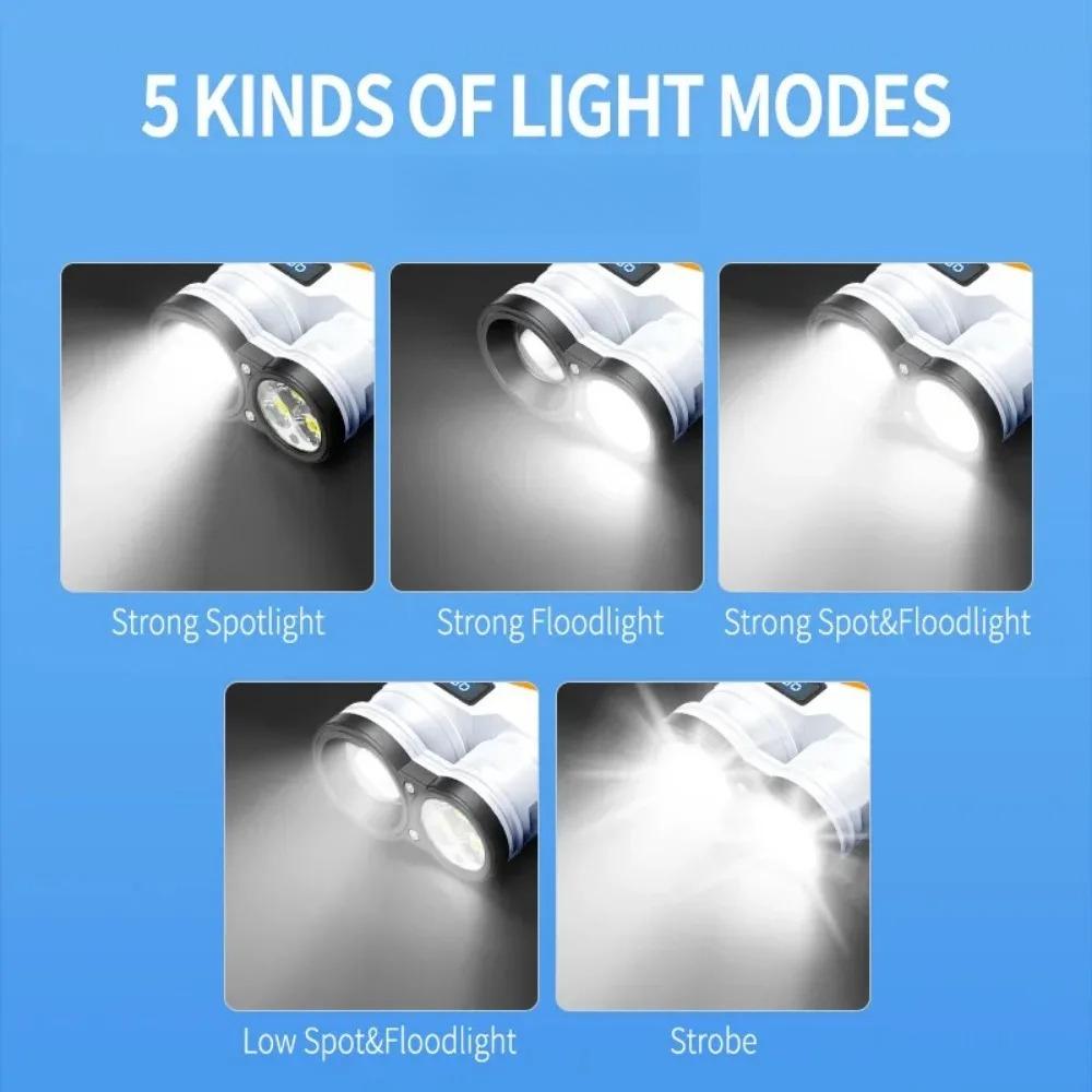 LED Dual Light Source Flashlight USB Rechargeable Bright Floodlight Camping Torch 5 Modes Emergency Work Lamp Built-in Battery