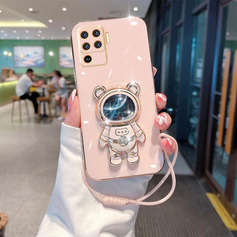 Reno5lite Glitter Astronaut Holder Plating Silicone Case For Oppo Reno 5 6 7 8 Lite 5lite 8t Reno7 A54 A74 4g 5g Lanyard Cover