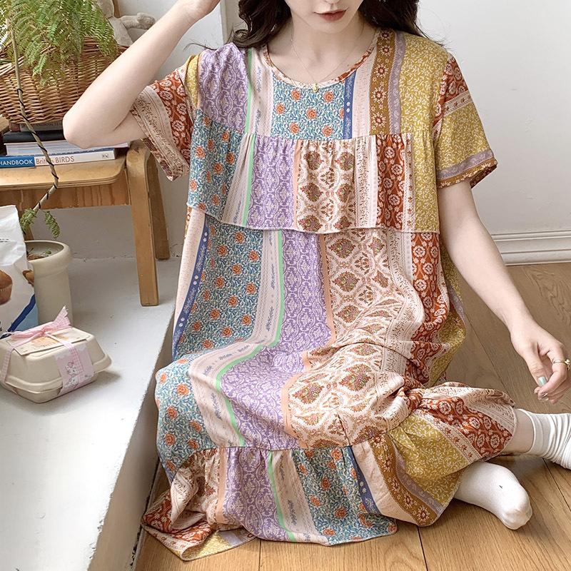 Plus Size Womens Nightgowns New Cotton Silk Nightdress Summer Casual Loose Sleepshirt Comfortable Lounge Wear