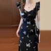 2026 New Coffee Break French Black Floral Dress Summer Women's High-end Small Flying Sleeves Waist Long Dress