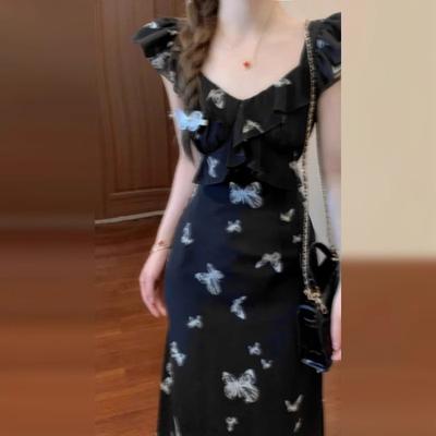 2026 New Coffee Break French Black Floral Dress Summer Women's High-end Small Flying Sleeves Waist Long Dress