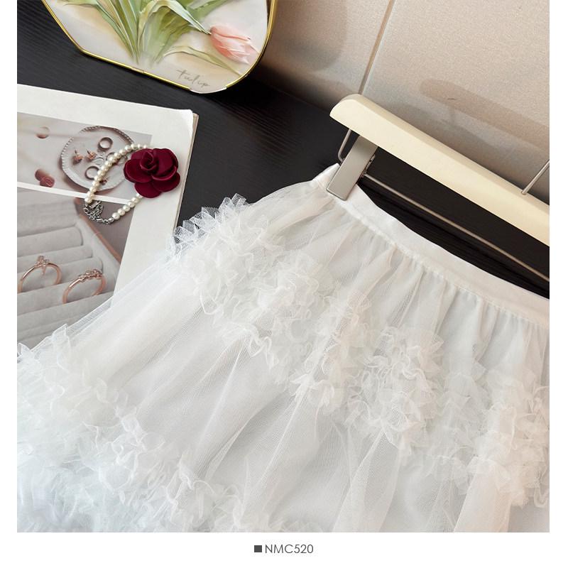 Sweet Style High Waist Ruffled Lace Gauze Maxi Skirt