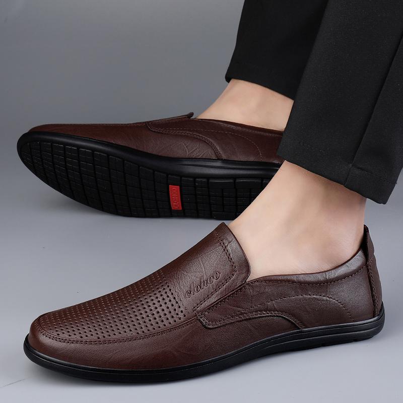 Men's Leather Casual Shoes Breathable Hollow Slip on Lazy Driving Shoes Office Fashion Shoes