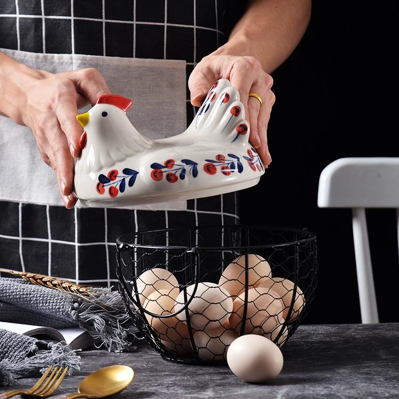1pc Farmhouse Hen-Shaped Ceramic Egg Baske -Ceramic Egg Holder with Lid,Rustic Kitchen Organizer for Fruits/Veggies