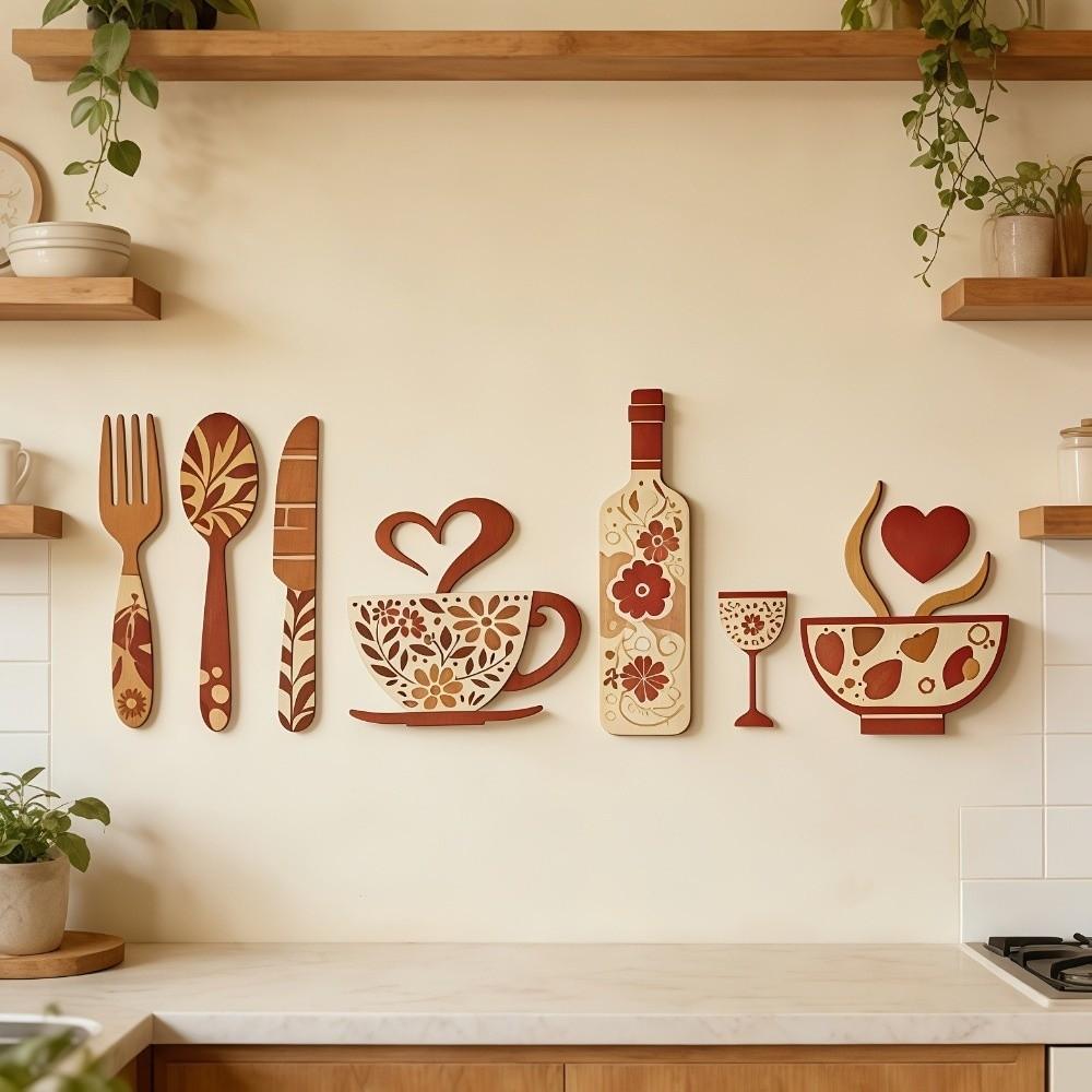 Vintage Wood Floral Kitchen Utensil Pendant Coffee Cup Wine Bottle Creative Hanging Art Bar