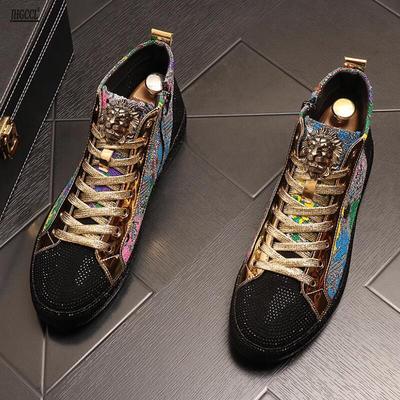 Fashion Luxury Designer Men Rhinestone Graffiti Pattern High-Tops Causal Loafers Flats Platform Prom Shoes Moccasins Walking Sneake