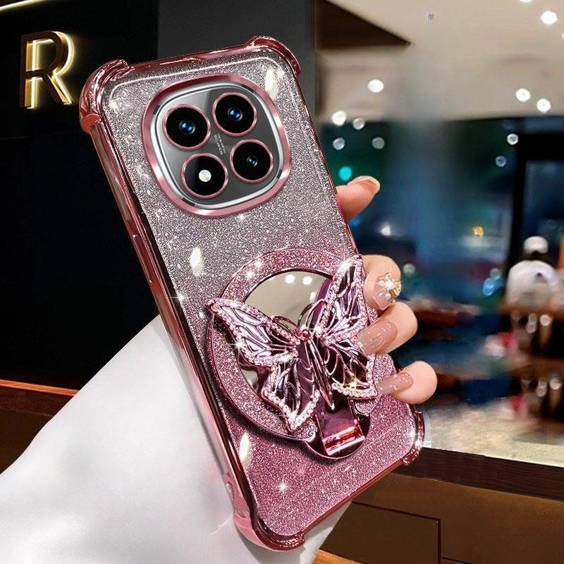 Glitter Butterfly Mirror Bracket Case For Xiaomi Redmi 14C Note 14 15 Pro Plus 15 15C 14S 4G 5G Shockproof Soft Silicone Cover