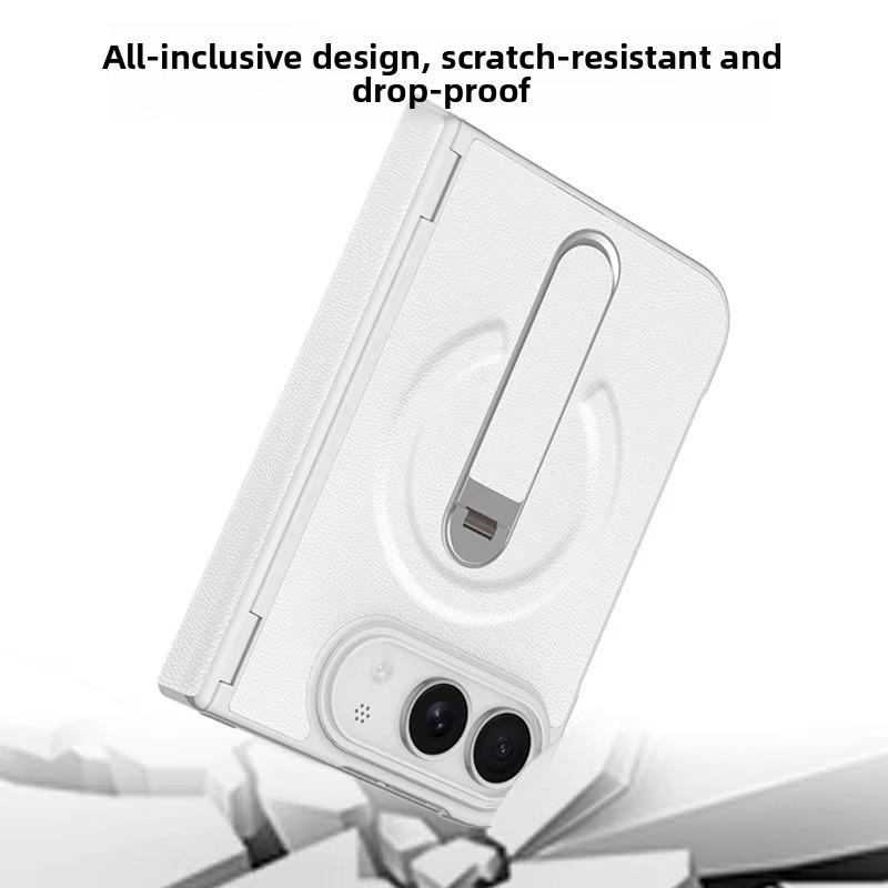 PU Leather Fold Case for IPhone DUO, MagSafe Hinge Protection, Hidden Kickstand, Built-in HD Screen Film, Wireless Charging Compatible