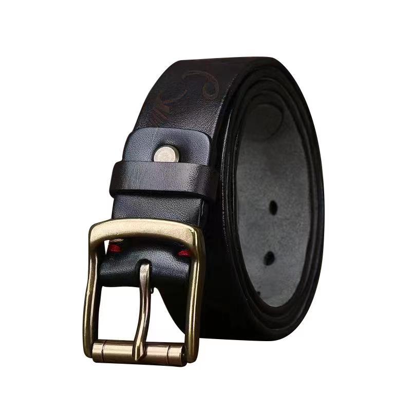 Belt Men's Retro Distressed Laser Carved Italian Vegetable Tanned Leather First Layer Pure Cattlehide Brass Buckle Belt