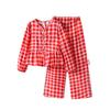 Big Girl Autumn New Fashionable Red Plaid Long Sleeve Bow Doll Collar Wide Leg Pants Set