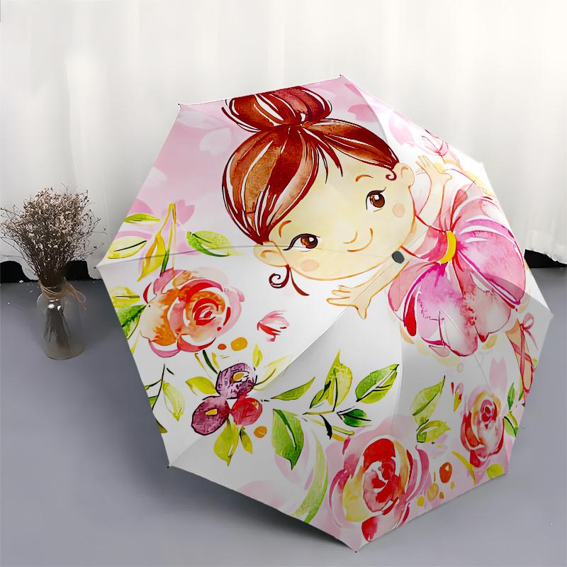 Ballerina, Blumen Automatischer Faltregenschirm einfaches Acht-Rippen-Design, helles Farbmuster, langlebiger Eisenrahmen, ideal für Reisen und Outdoor