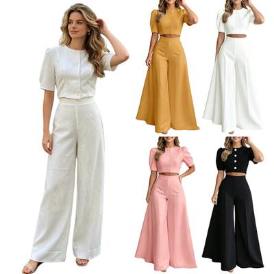 Women's Summer 2 Piece Outfits, Crew Neck Crop Top and Wide Leg Pants Sets, Casual Bell-bottom Pants Lounger Suit for Summer Party Vacation