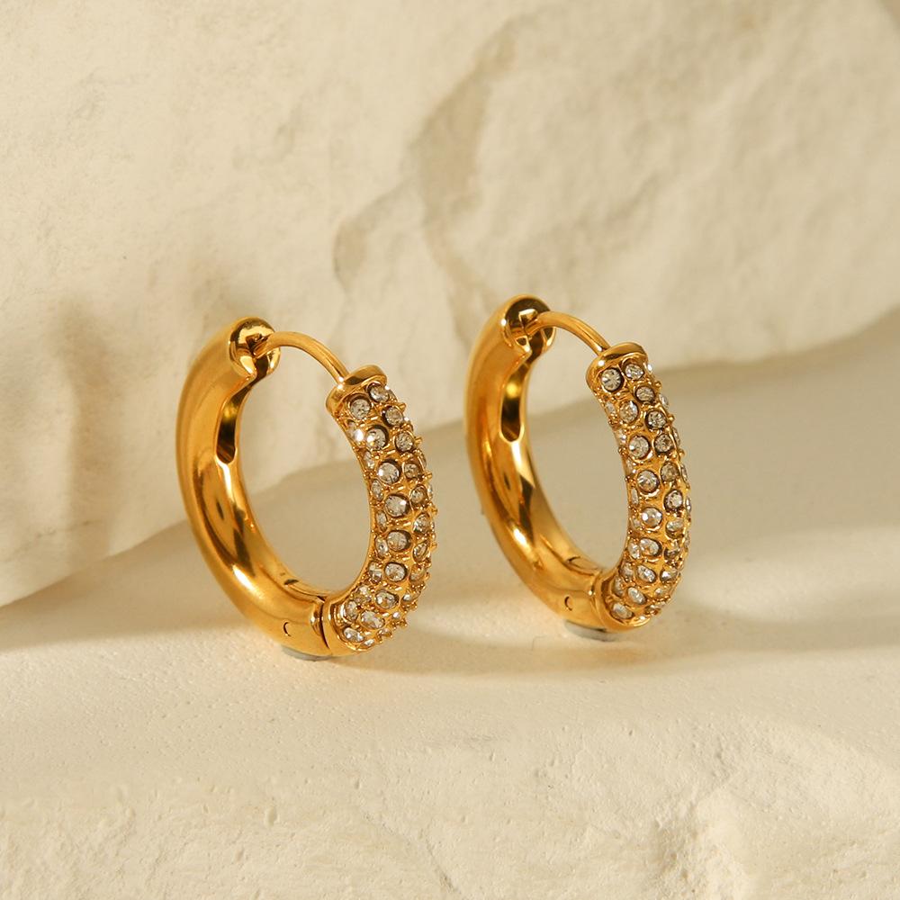 Stainless Steel 18K Gold Earrings for Women, Ins Fashion Versatile Diamond-studded Earrings, Titanium Steel Hoop Earrings
