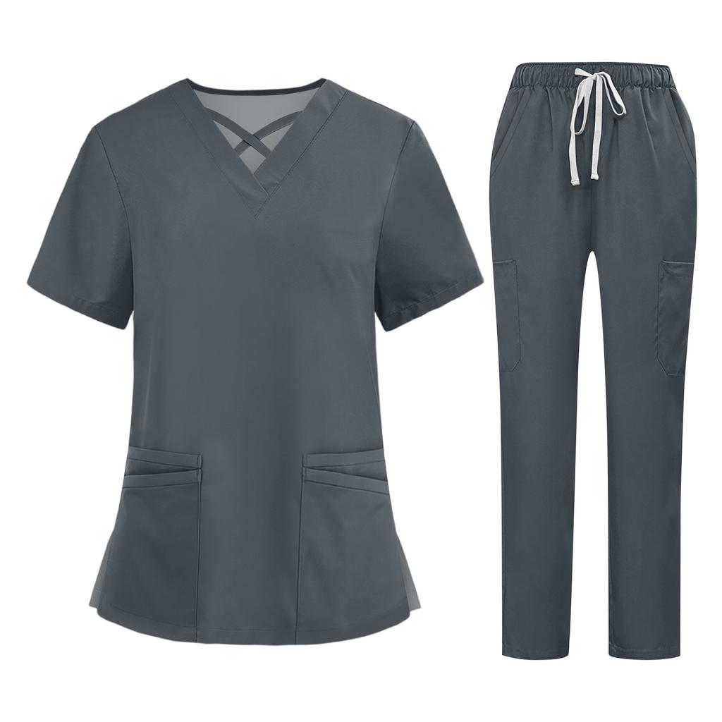 Soild Scrub Working Uniform Suit For Women's Cross V-Neck Short Sleeve Fun T-Shirts Workwear Tee With Pockets