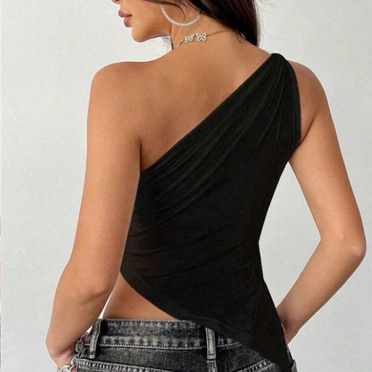 2025 Nové Módní Ležérní Dámské Tričko Jednobarevné Jedno Rameno Asymetrický Slim Fit Top Jednodílný Výstřih