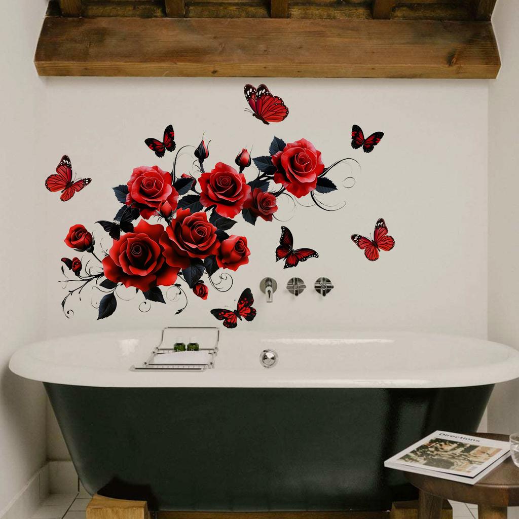 Valentine's Day Floral Wall Stickers, Rose Butterfly Decor, Living Room Bedroom Kids Room Holiday Background Wall Art