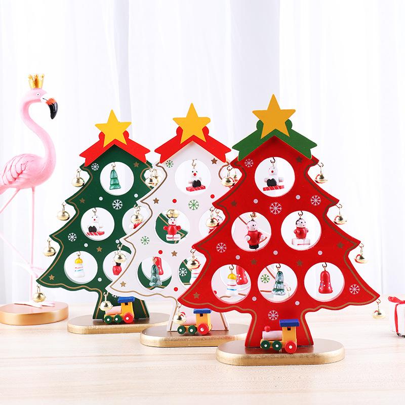 Holiday Tabletop Decor Carved Wood Xmas Tree 6 Hole Centerpiece for Mantel Scene Christmas Village Diorama Craft Ornament