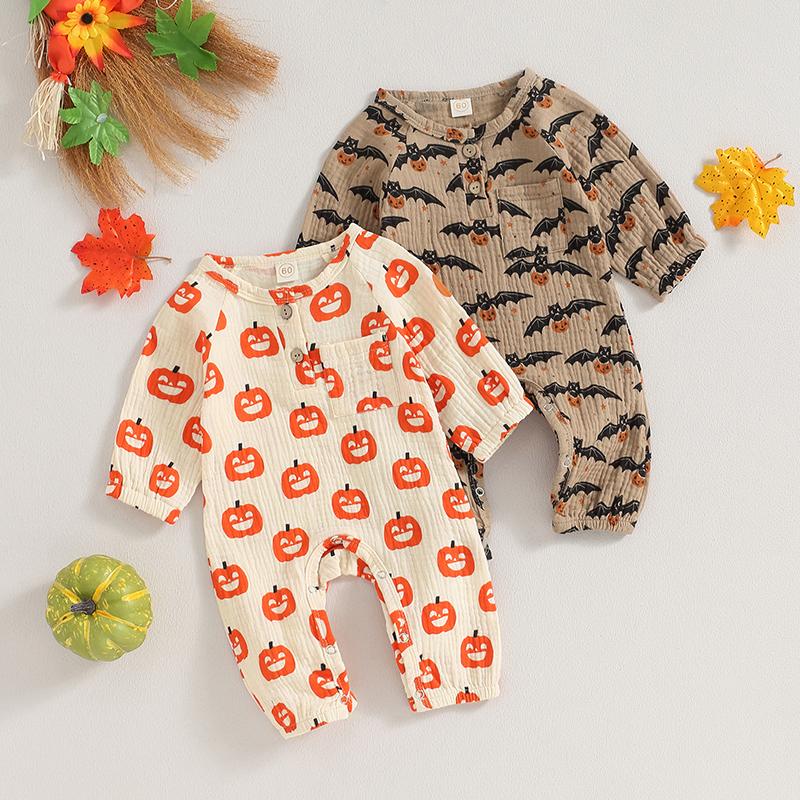 Children Clothing Yulin-001 Unisex Infant Beige Infant Baby Girls Boys Halloween Romper Pumpkin/Bat Print Cotton Long Sleeve Newborn Baby Girls Jumpsuit Autumn Baby Clothes Cm