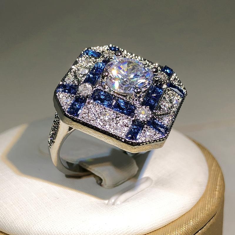 Cuivre Luxe Géométrie Grandes Bagues Pour Hommes Femmes Zircon Bleu Blanc Bague de Fiançailles Pierre de Naissance bague saphir
