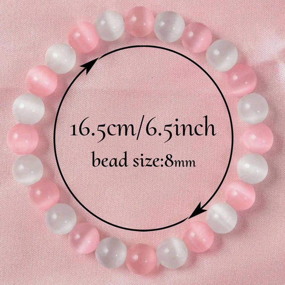 1pc Elegant & Cute Pink And White Cat Eye 8mm Beaded Bracelet, Adjustable For Women, Daily Accessory, Perfect Gift