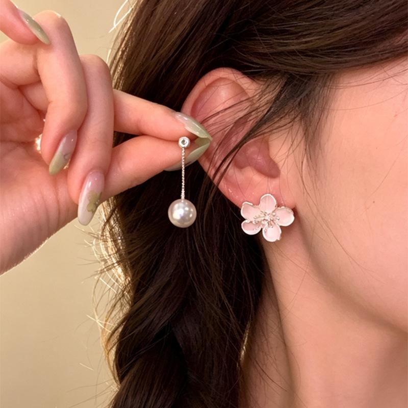 Elegant Pink Cherry Blossom Pearl Tassel Earrings for Women – Unique and Beautiful Fairy Floral Stud Jewelry
