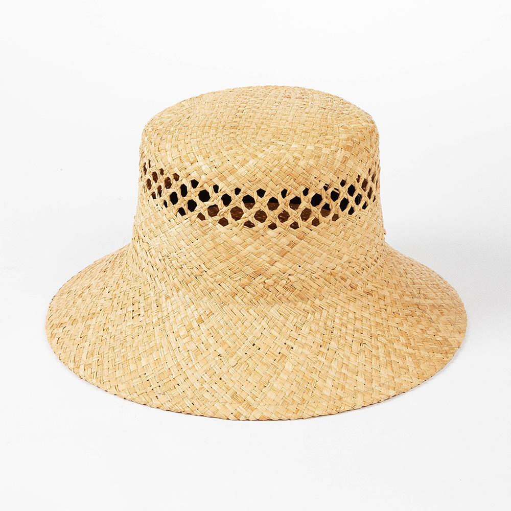 2025 New Arrival Hand-made Hollow Raffia Sun Hat Spring and Summer Fashion Retro Flat Top Outdoor Sunshade Straw Hat Bucket Hat