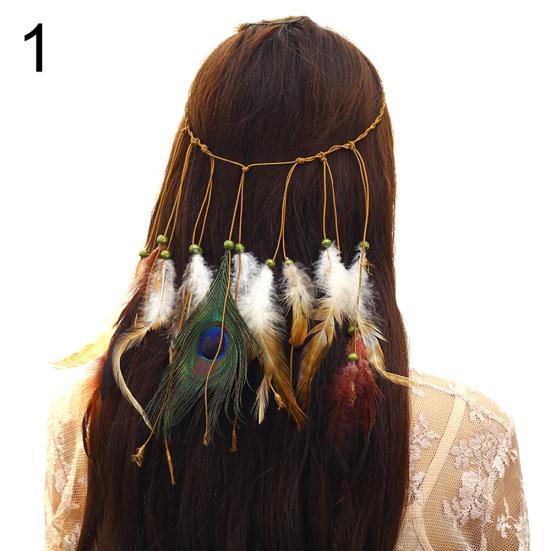 Fascia Boema da Donna con Piume di Pavone, Fascia per Capelli in Corda Intrecciata, Copricapo Hippie