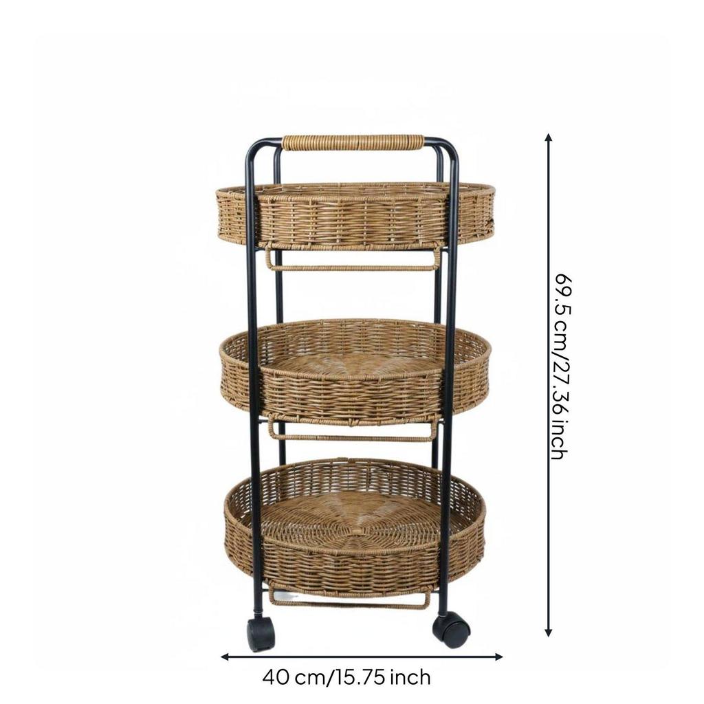 Rattan Rolling Cart Handwoven Design Detachable for Dining Area