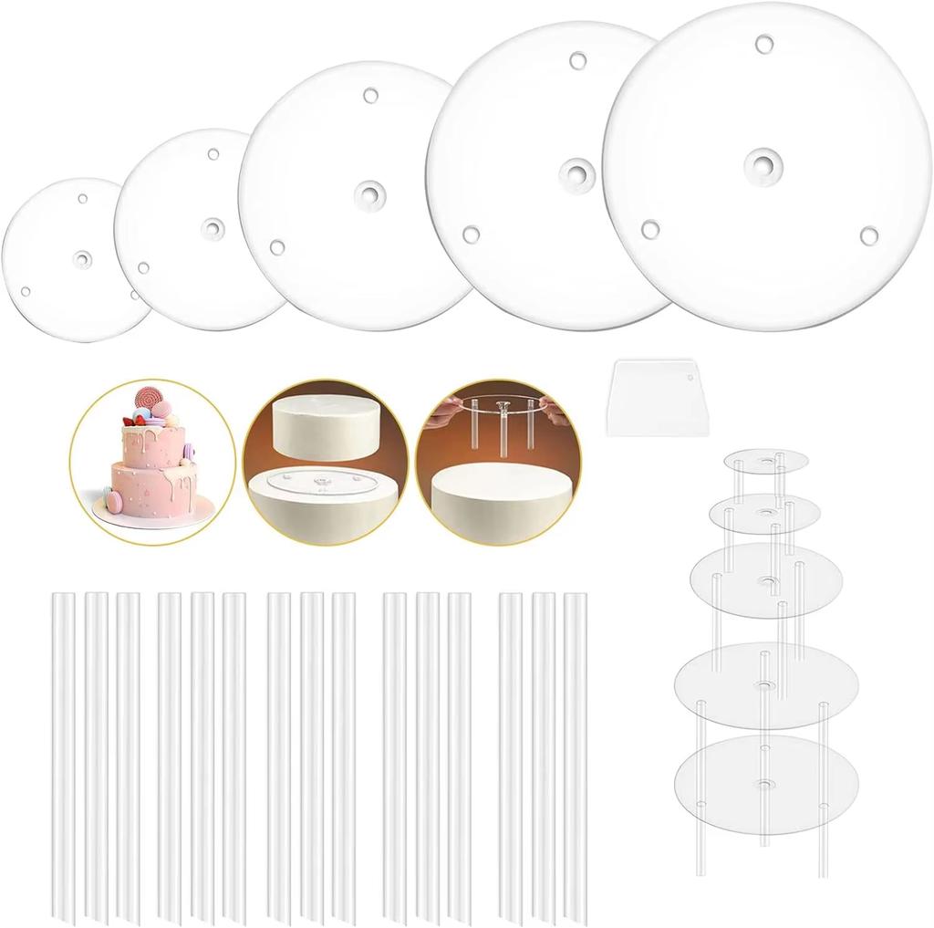 15 Pieces Clear Cake Stacking Dowels with 5 Cake Separator Plates for 4 6 8 10 12 Inch Cakes  for Wedding Cake Construction