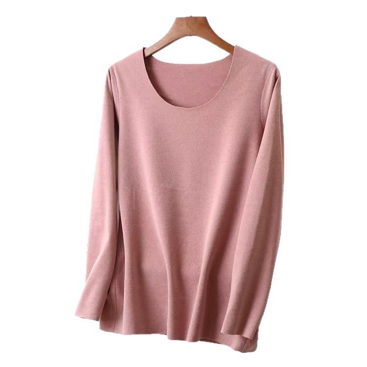 Women's Double-Sided German Velvet Crew Neck Long Sleeve Thermal Top, 2025 Autumn/Winter, Slim Fit, Solid Color