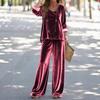 Womens Spring Green Velvet Long Sleeve Top Wide Leg Pants Set