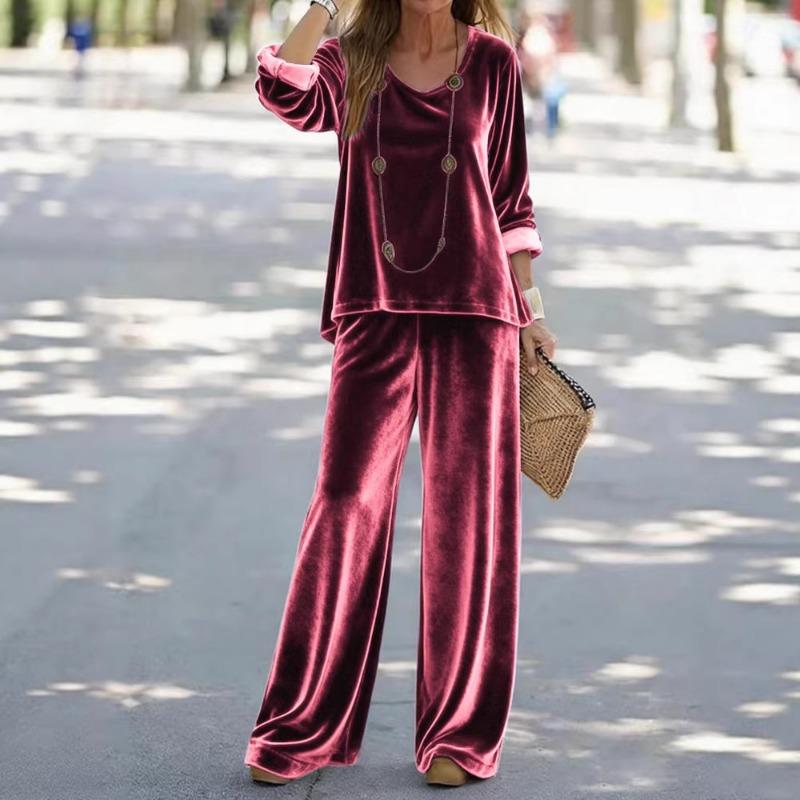 Womens Spring Green Velvet Long Sleeve Top Wide Leg Pants Set
