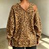 Women's Casual Leopard Print V-Neck Long Sleeve Loose Fit Sweatshirt with One-Shoulder Cutout