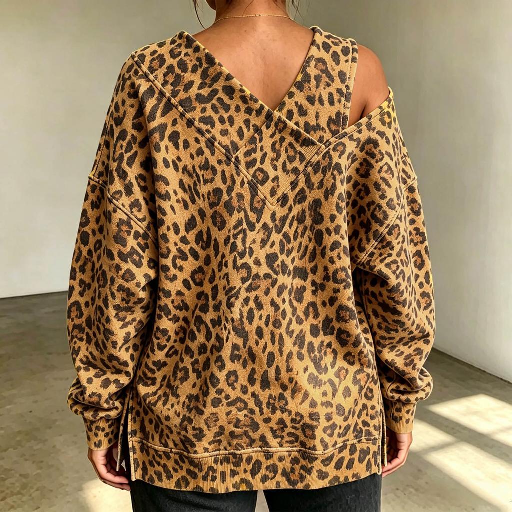 Women's Casual Leopard Print V-Neck Long Sleeve Loose Fit Sweatshirt with One-Shoulder Cutout