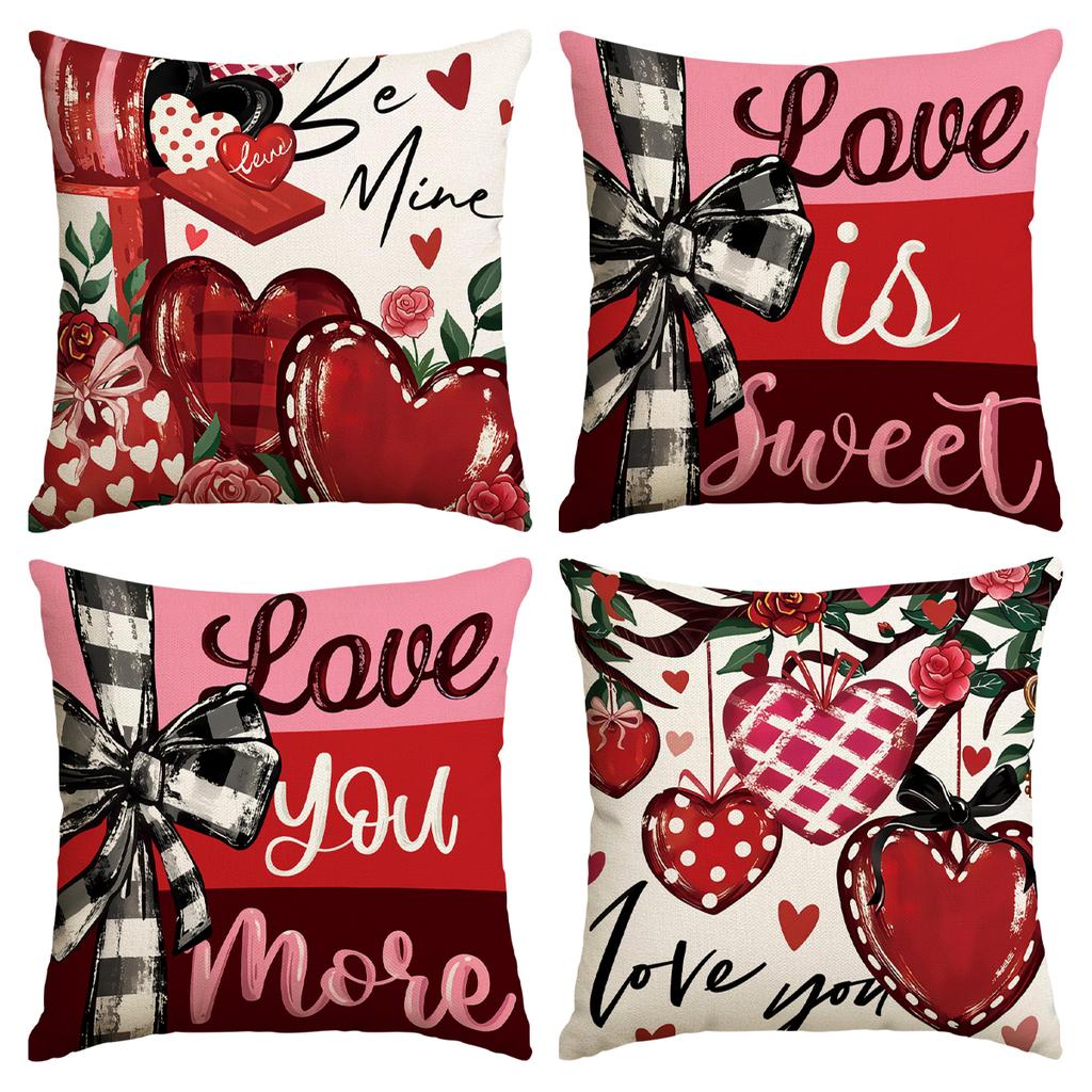 4Pcs Valentine'S Day Red Heart And Bow Pattern Pillow Cover, Valentine'S Day Decorative Cushion Cover (Without Pillow Core)