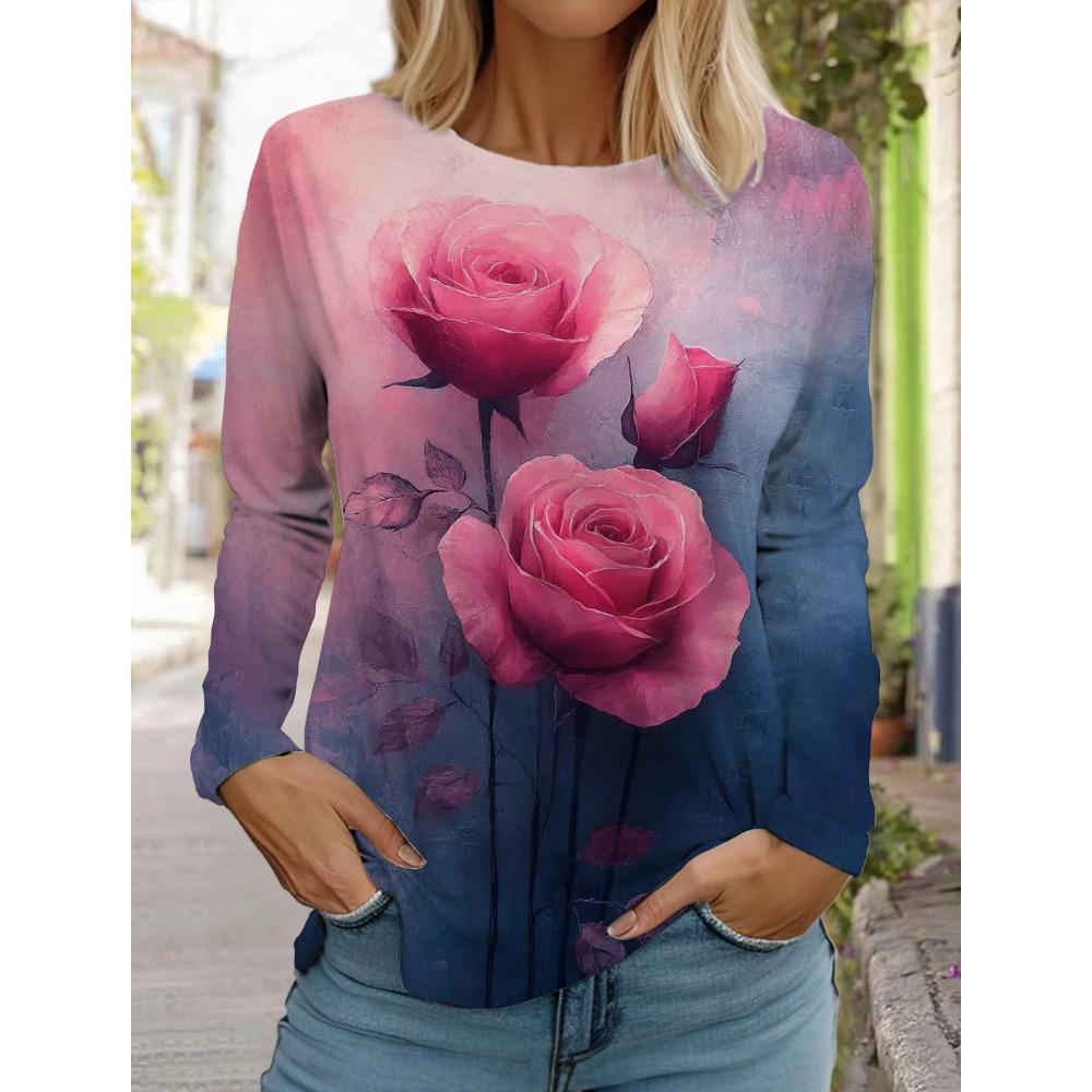 Women's 3d Printed Flower T-shirt Fashion Long-sleeved Round Neck Regular Tops Holiday Weekend Spring Autumn T-Shirt
