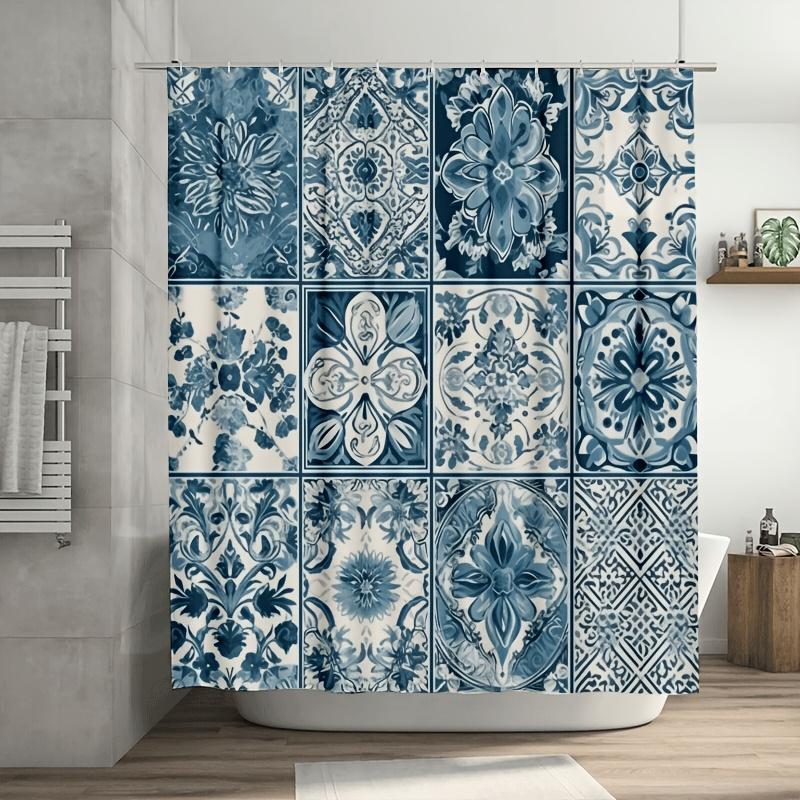 Blue and White Patchwork Tile Shower Curtain  - Durable Polyester, Easy Clean, Ideal for Bathroom & Bathtub Decor