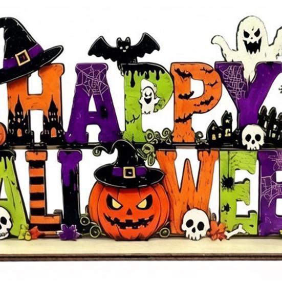Fall Season Shelf Decor Happy Halloween Wooden Sign Ornaments with Pumpkin Ghost And Bat Elements for Decorative Party Props Tiered Tray Table Autumn
