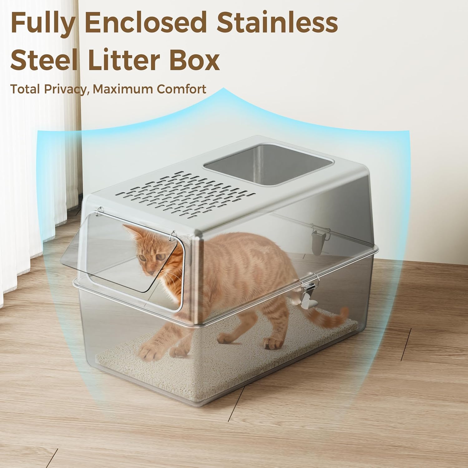 

Large Stainless Steel Litter Box with Lid, 19.7 x13.8 x13.8 , Covered Cat Pan, Odor Free, Non-Sticky 19 7x13 8x13 8